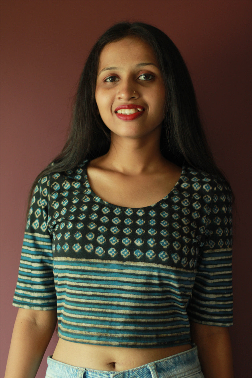 Kirgiti | Stretchable Blouse / Crop Top | Grey-Blue Buta and Striped Dabu