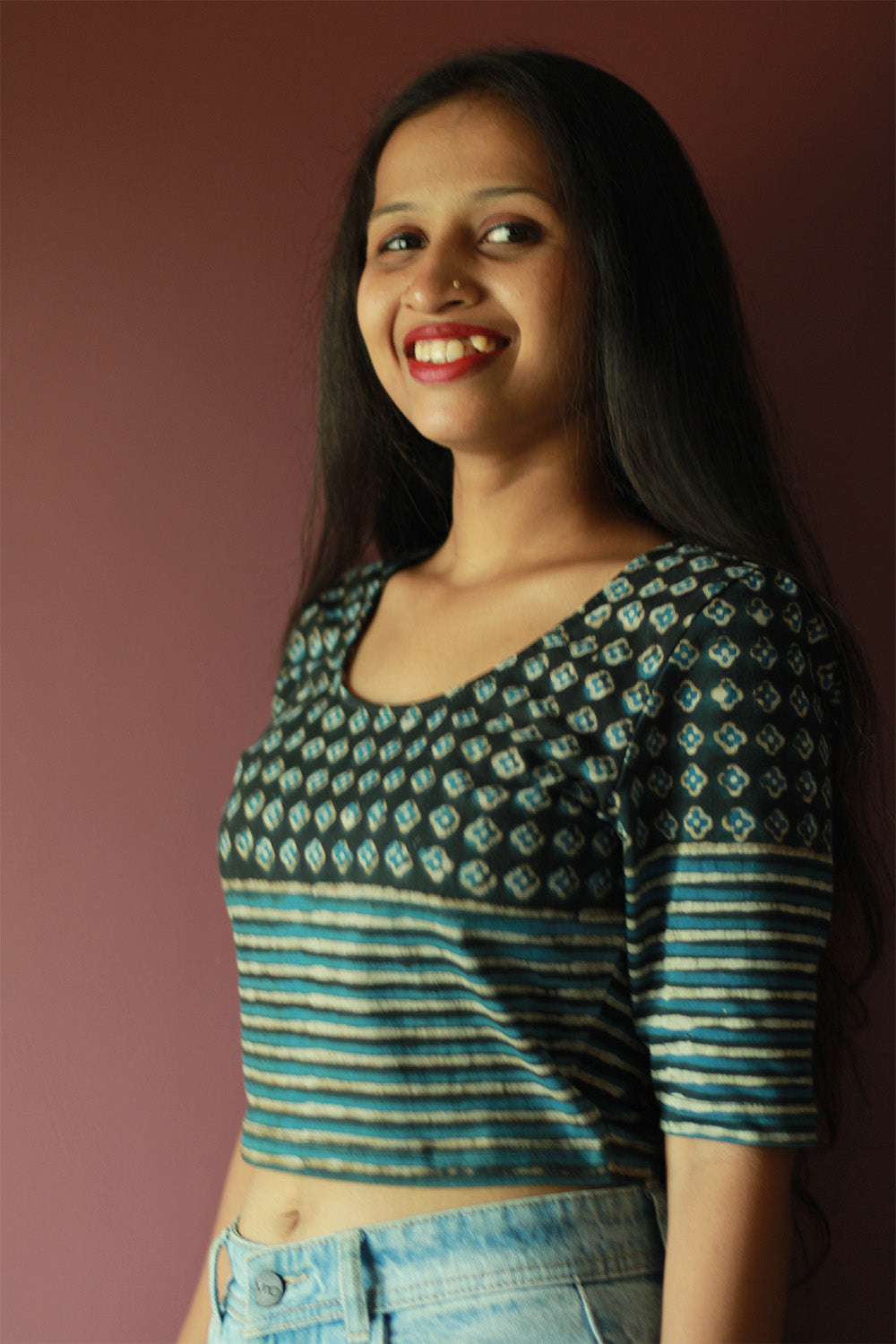 Kirgiti | Stretchable Blouse / Crop Top | Grey-Blue Buta and Striped Dabu