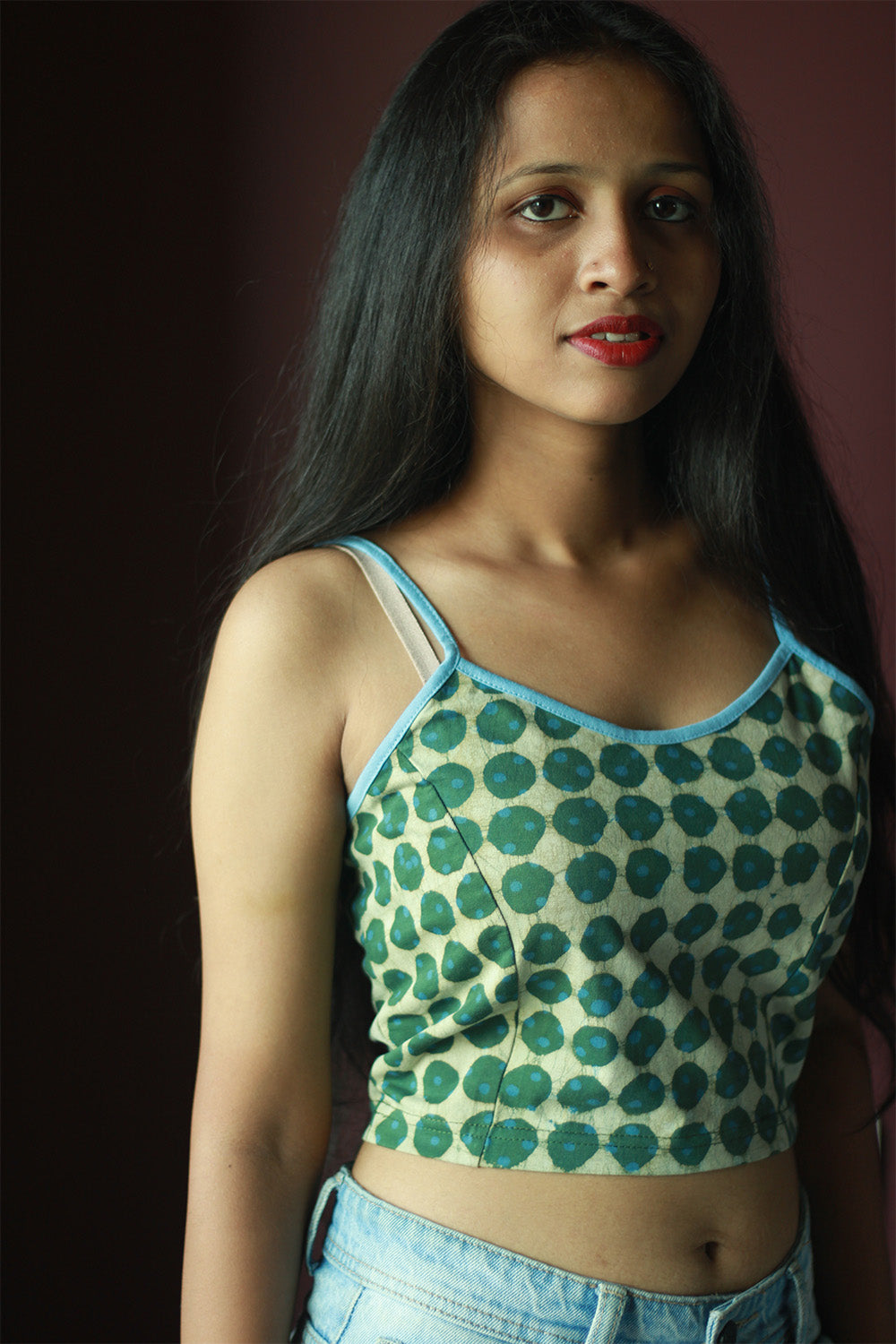 Kirgiti | Stretchable Blouse / Crop Top | Spaghetti | Green Polka Dabu