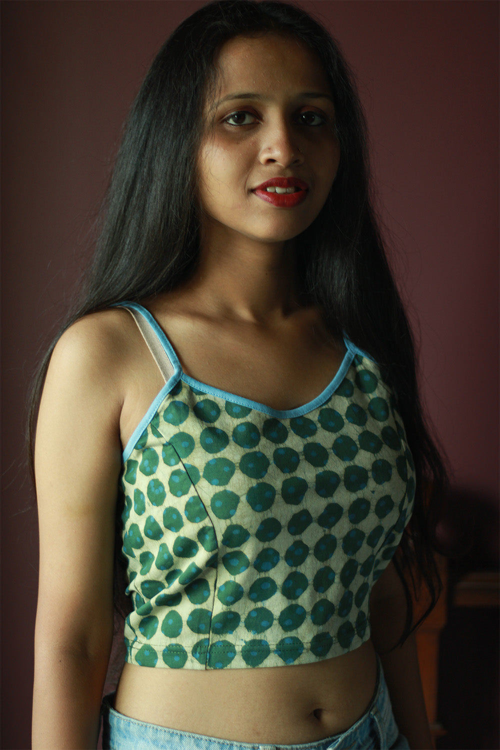 Kirgiti | Stretchable Blouse / Crop Top | Spaghetti | Green Polka Dabu