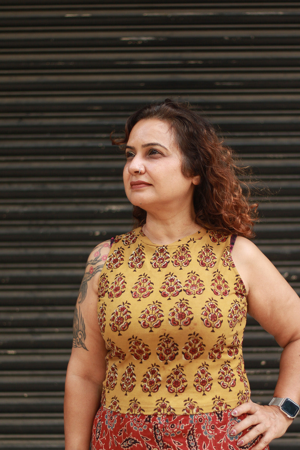 Kirgiti | Stretchable Blouse / Crop Top | High Neck |  Mustard Dabu