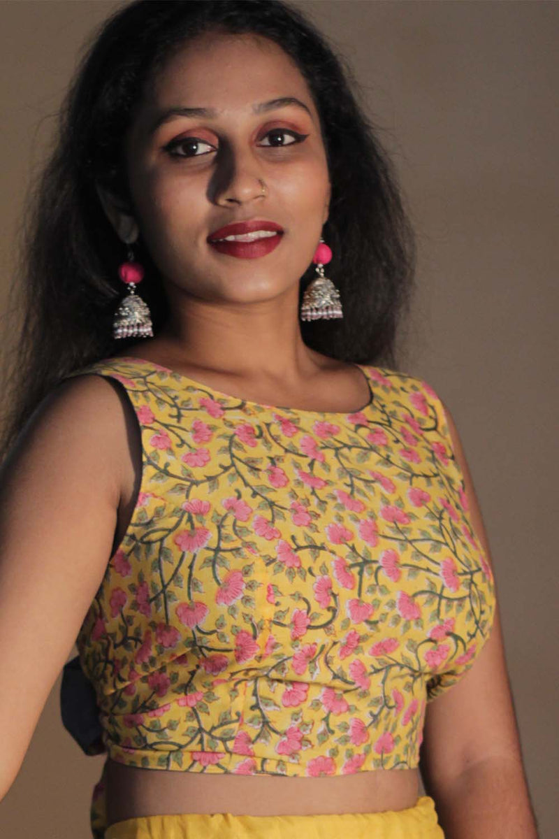Reversible Blouse in Yellow Sanganeri & Solid Gray