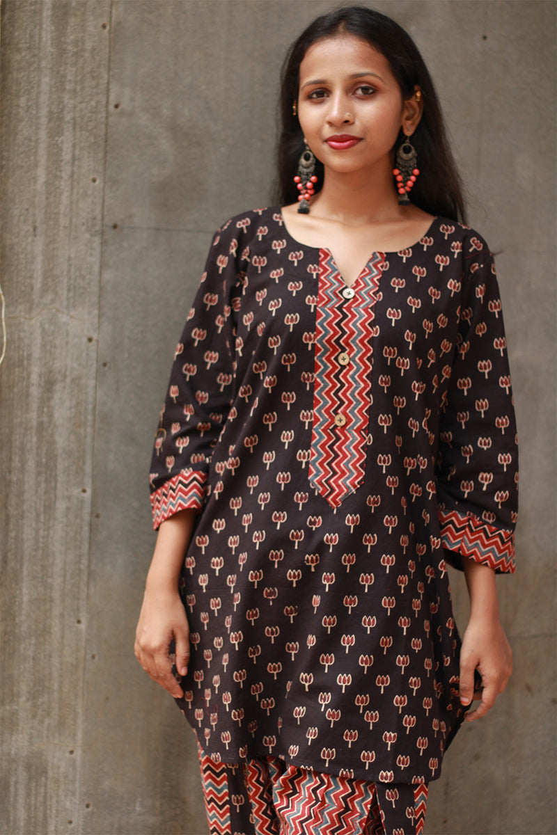 Shubhra | Dhoti Kurta Co-Ord Set | Noir Lotus Ajrakh