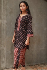 Shubhra | Dhoti Kurta Co-Ord Set | Noir Lotus Ajrakh