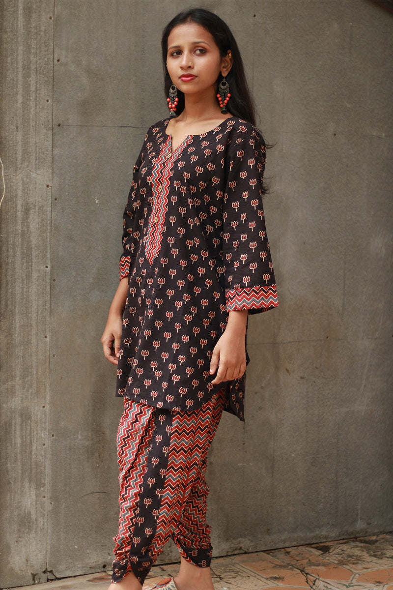 Shubhra | Dhoti Kurta Co-Ord Set | Noir Lotus Ajrakh