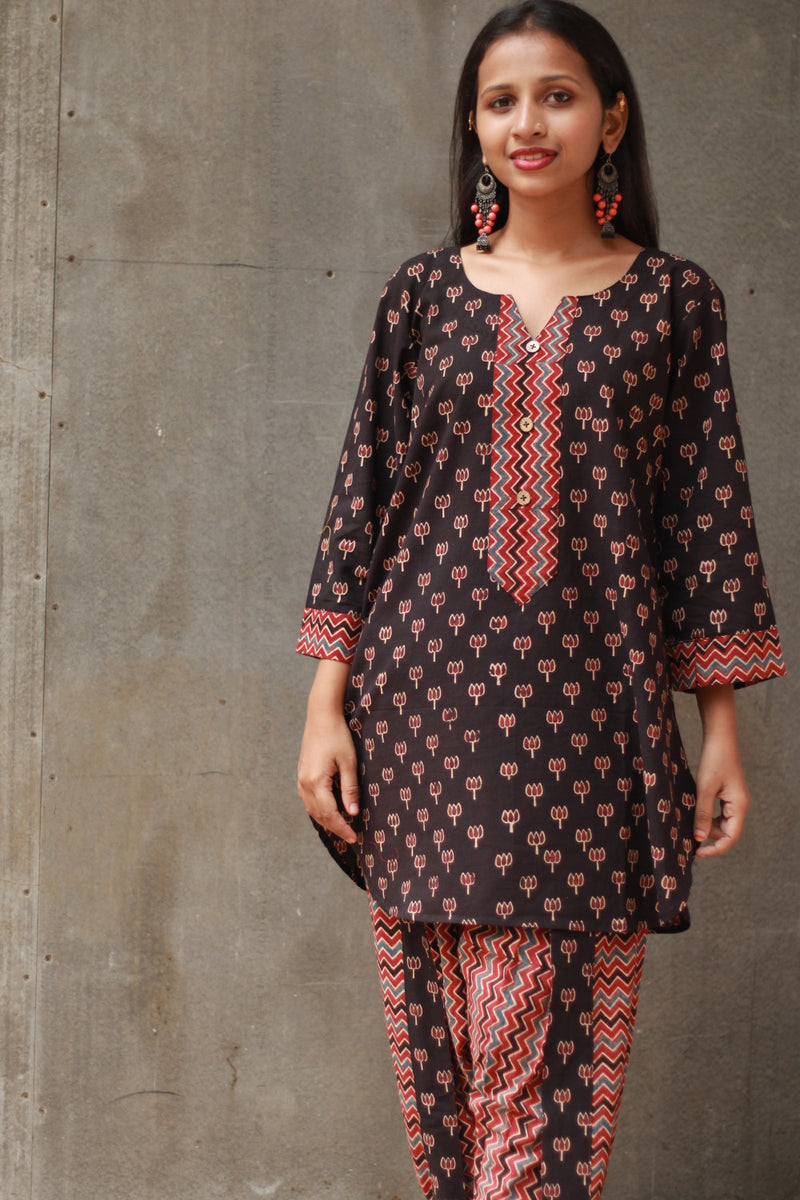 Shubhra | Dhoti Kurta Co-Ord Set | Noir Lotus Ajrakh