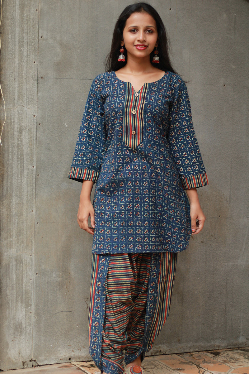 Shubhra | Dhoti Kurta Co-Ord Set | Blue Lotus Ajrakh