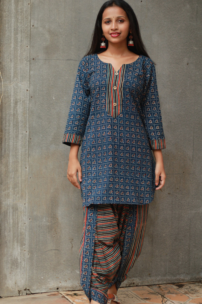 Shubhra | Dhoti Kurta Co-Ord Set | Blue Lotus Ajrakh