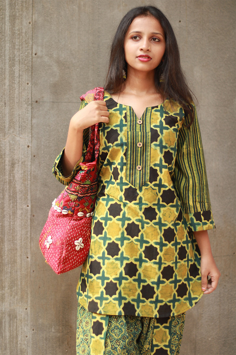 Shubhra | Dhoti Kurta Co-Ord Set | Green Shatkon Ajrakh