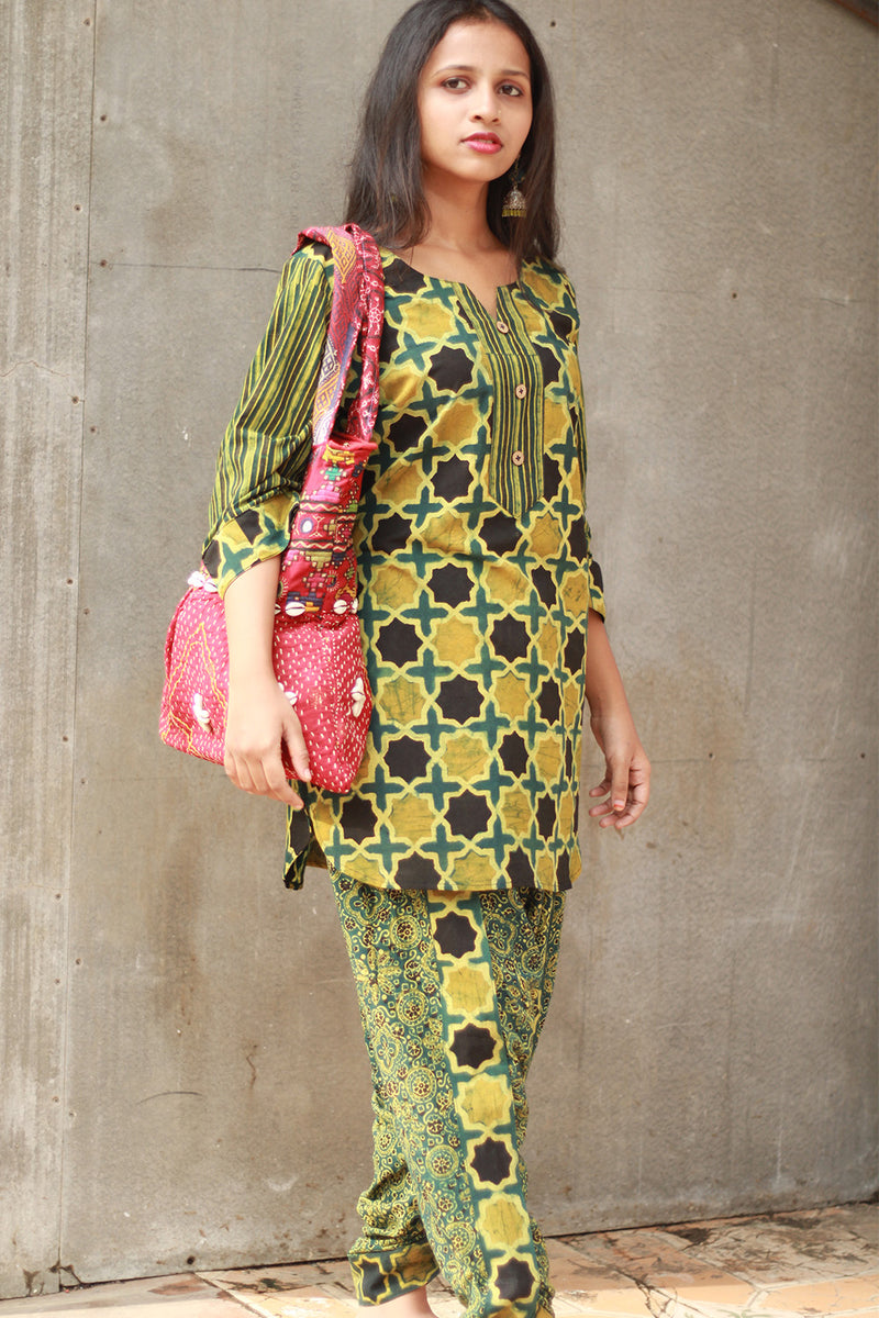 Shubhra | Dhoti Kurta Co-Ord Set | Green Shatkon Ajrakh