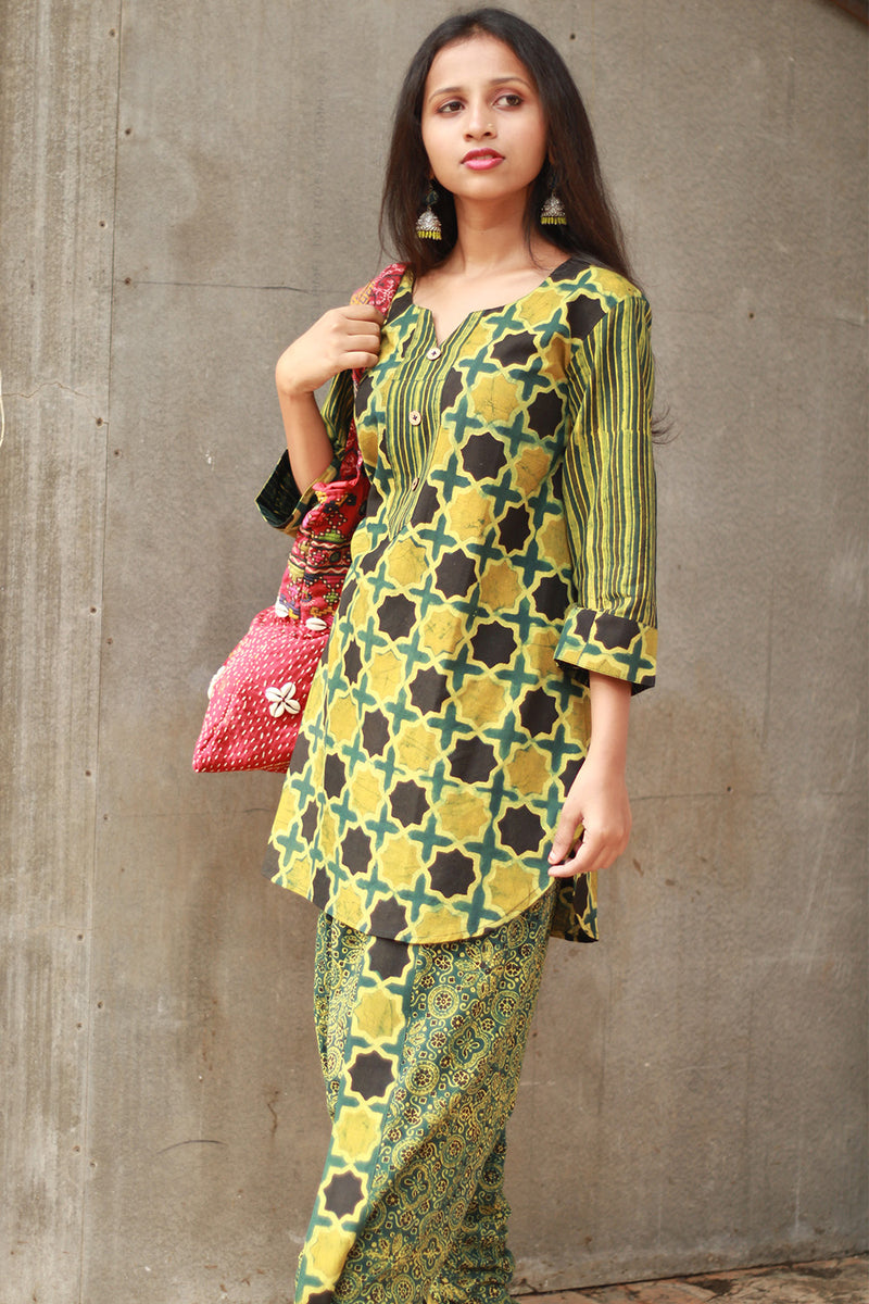 Shubhra | Dhoti Kurta Co-Ord Set | Green Shatkon Ajrakh