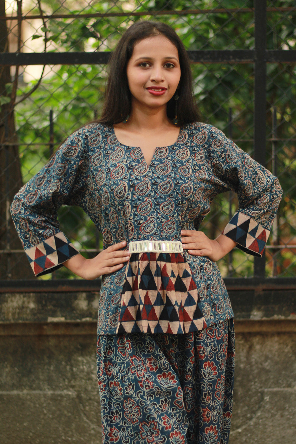 Afsana | Co-Ord Set with Mirrorwork | Indigo Paisley Ajrakh