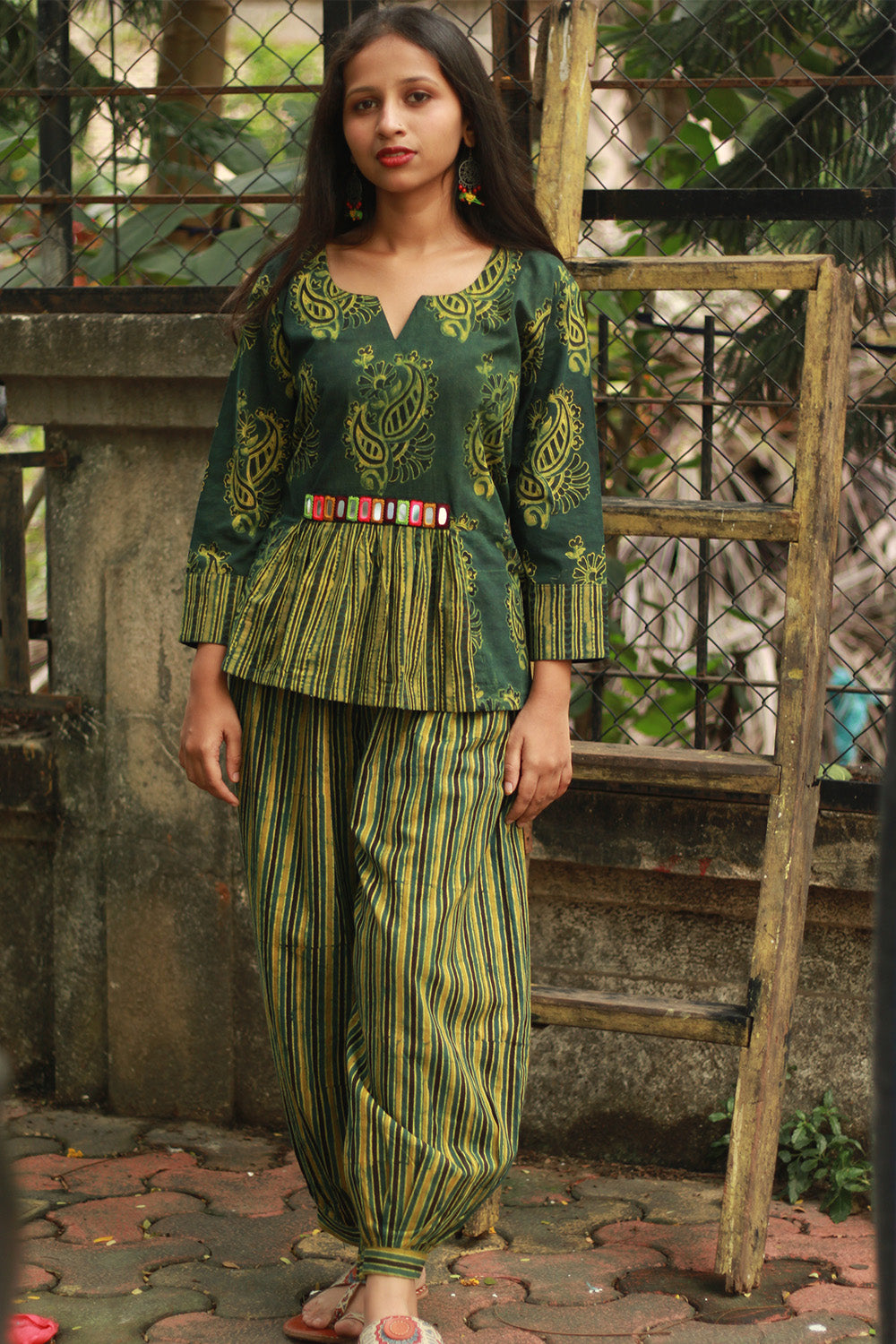 Afsana | Co-Ord Set with Mirrorwork | Green Paisley Ajrakh