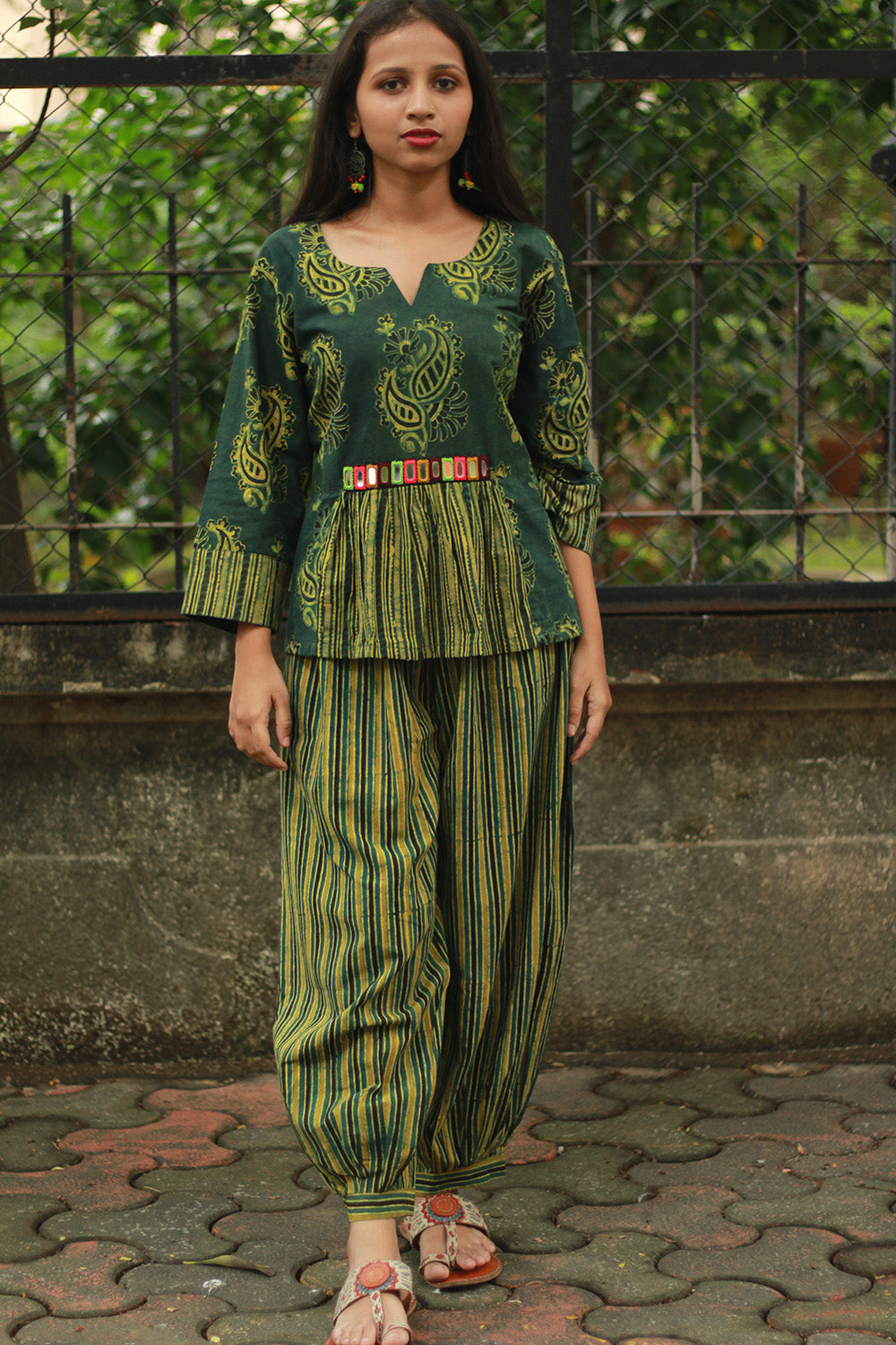 Afsana | Co-Ord Set with Mirrorwork | Green Paisley Ajrakh