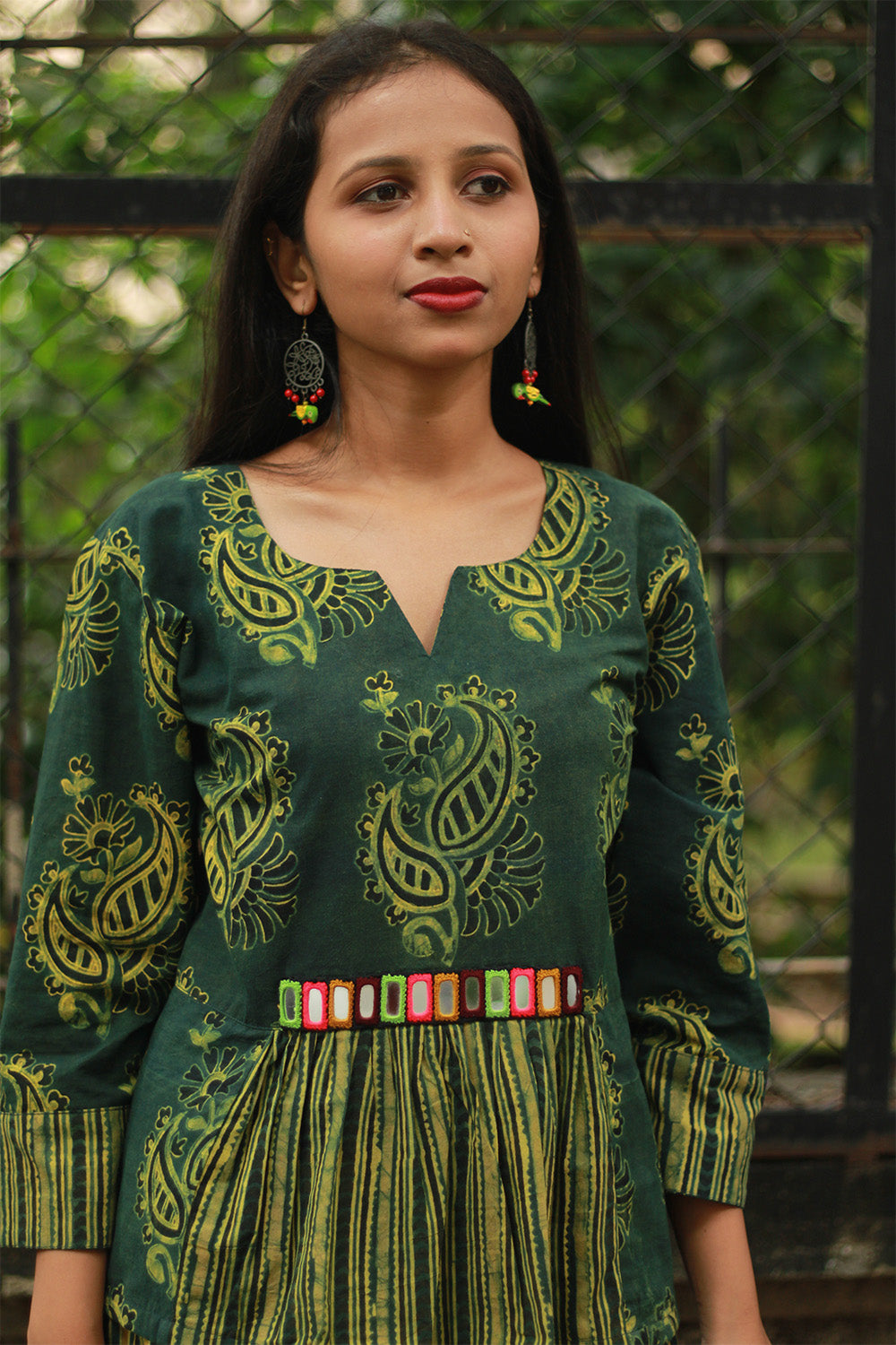 Afsana | Co-Ord Set with Mirrorwork | Green Paisley Ajrakh