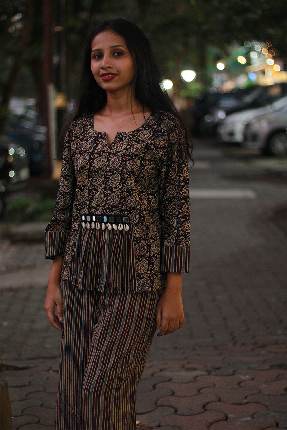 Afsana | Co-Ord Set with Mirrorwork | Noir Paisley Ajrakh
