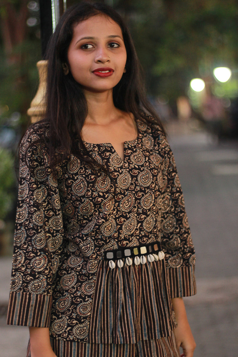 Afsana | Co-Ord Set with Mirrorwork | Noir Paisley Ajrakh