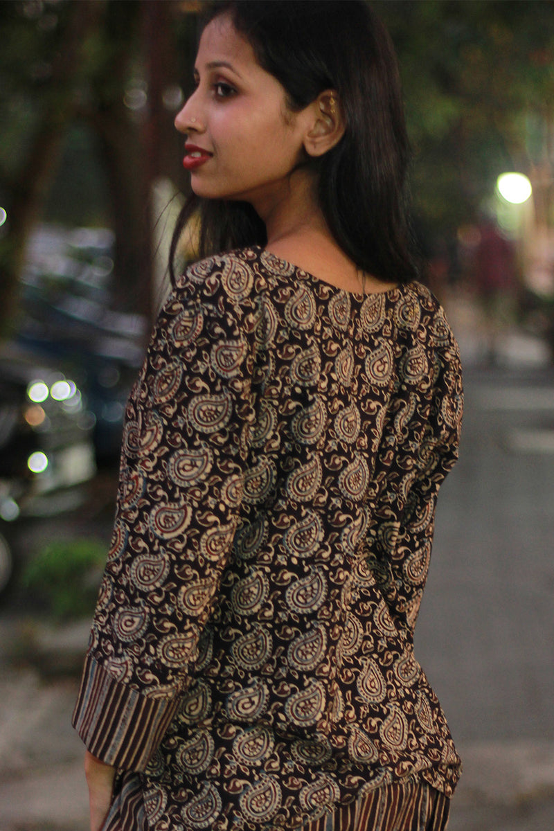 Afsana | Co-Ord Set with Mirrorwork | Noir Paisley Ajrakh