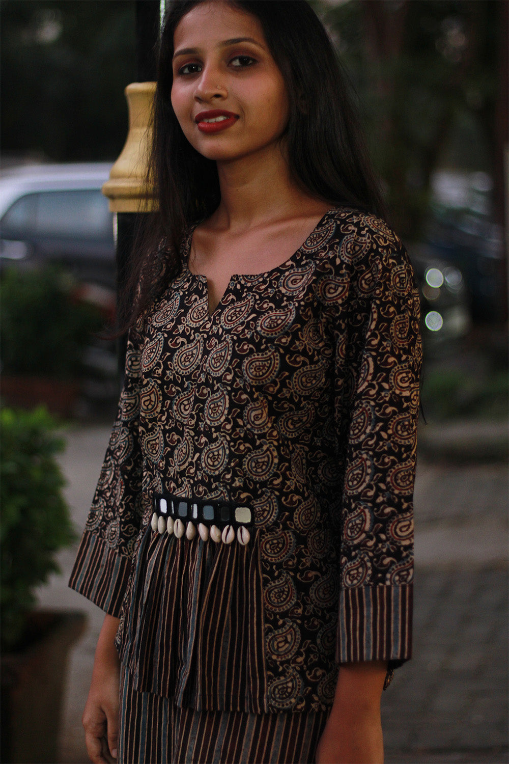Afsana | Co-Ord Set with Mirrorwork | Noir Paisley Ajrakh