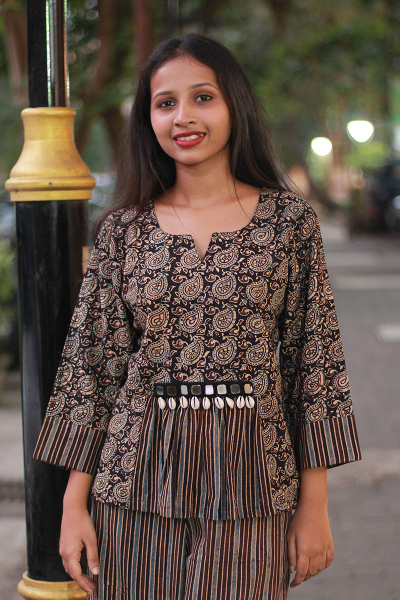Afsana | Co-Ord Set with Mirrorwork | Noir Paisley Ajrakh