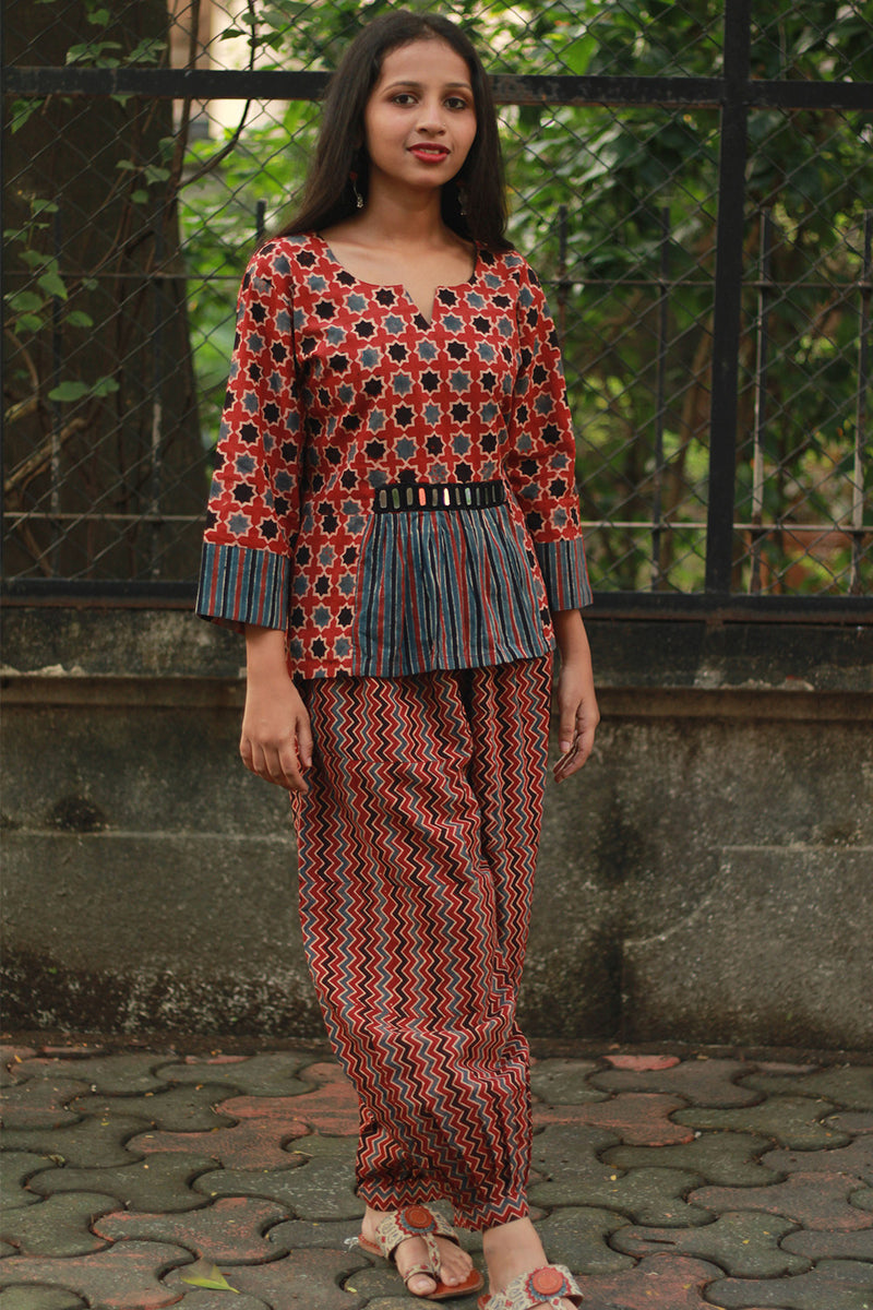 Afsana | Co-Ord Set with Mirrorwork | Madder Shatkon Ajrakh