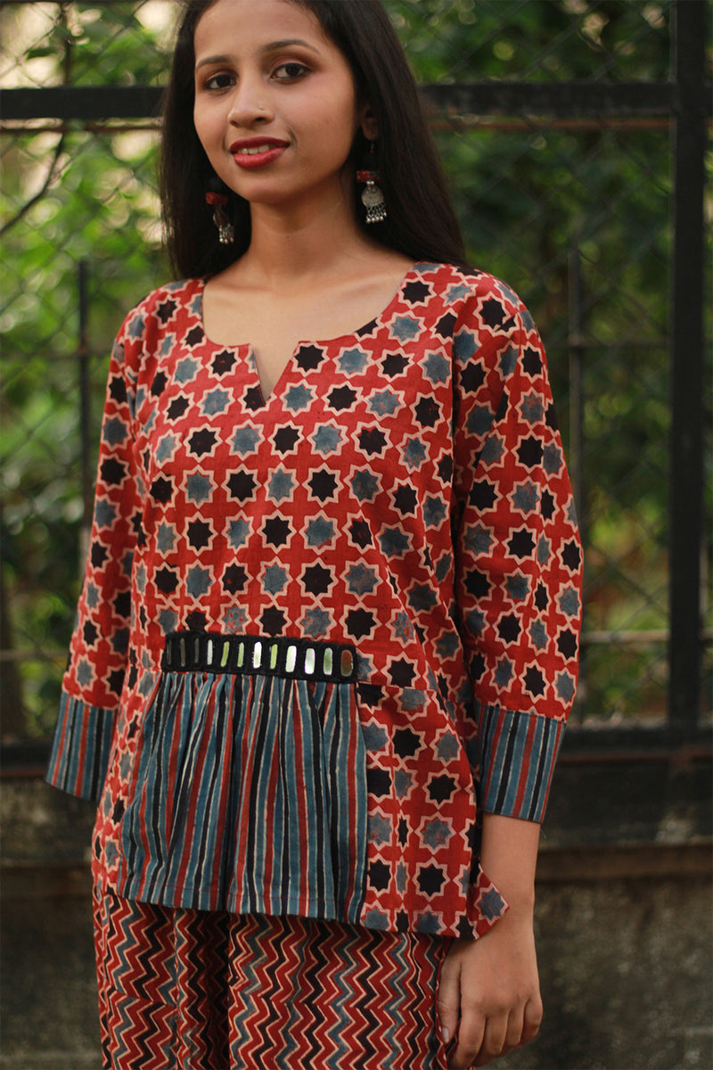 Afsana | Co-Ord Set with Mirrorwork | Madder Shatkon Ajrakh