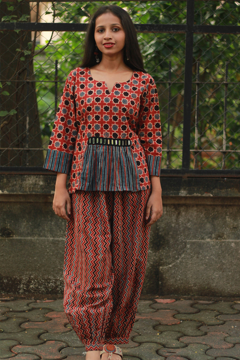 Afsana | Co-Ord Set with Mirrorwork | Madder Shatkon Ajrakh