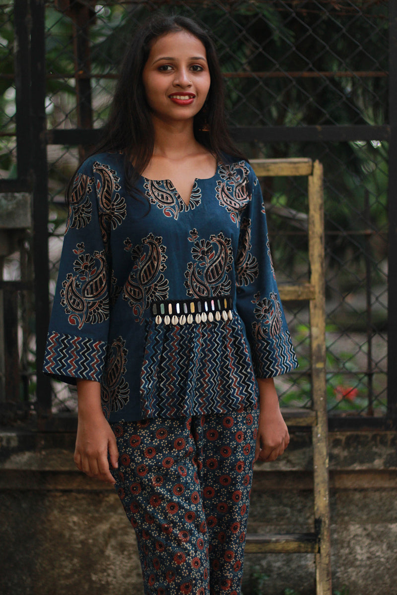 Afsana | Co-Ord Set with Mirrorwork | Navy Paisley Ajrakh