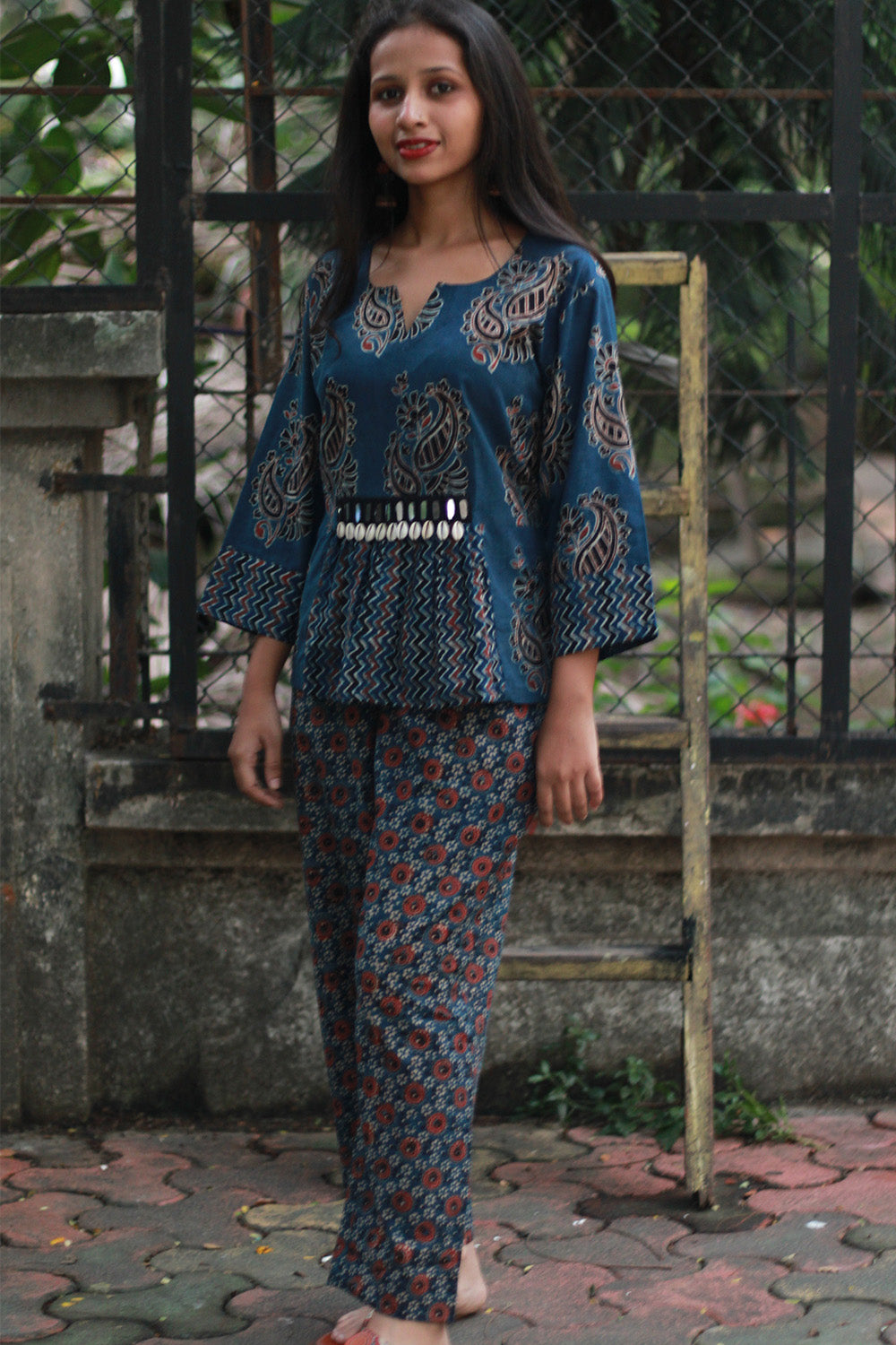 Afsana | Co-Ord Set with Mirrorwork | Navy Paisley Ajrakh