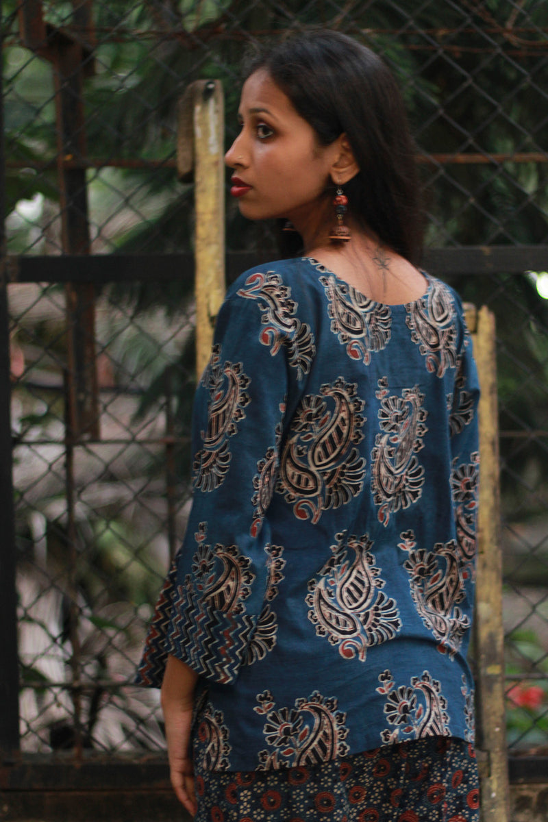 Afsana | Co-Ord Set with Mirrorwork | Navy Paisley Ajrakh