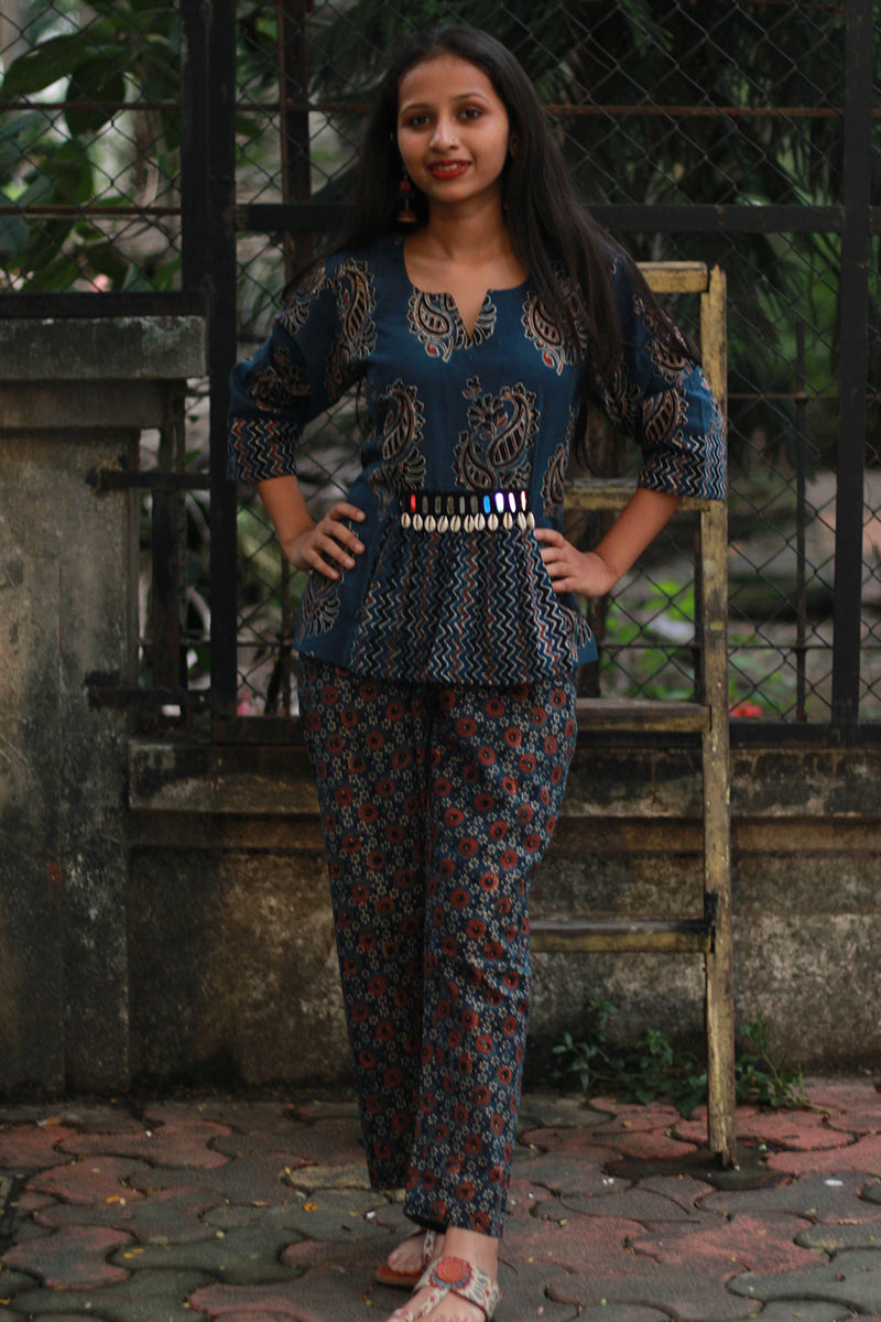 Afsana | Co-Ord Set with Mirrorwork | Navy Paisley Ajrakh