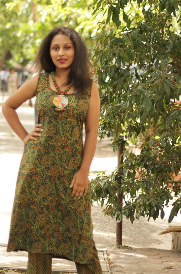 Vanya | Long Sleeveless Kurta | Green Floral Ajrakh