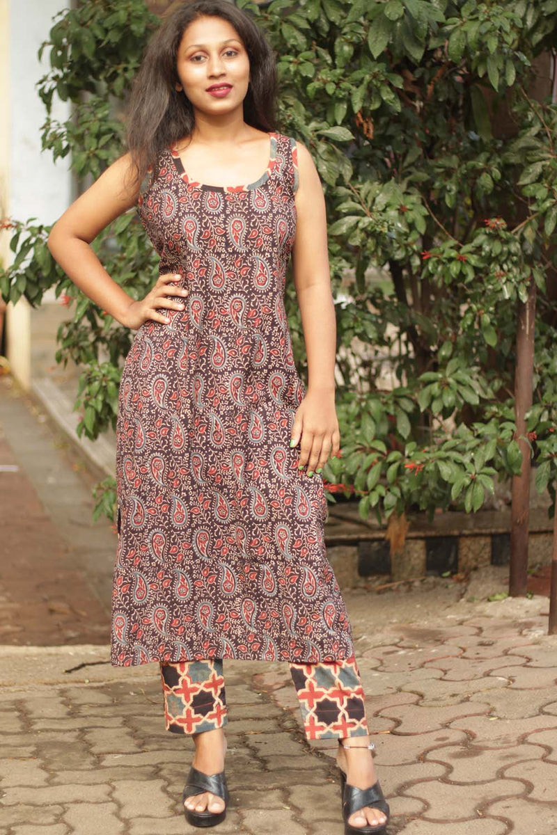 Vanya | Long Sleeveless Kurta | Noir Leaves Ajrakh
