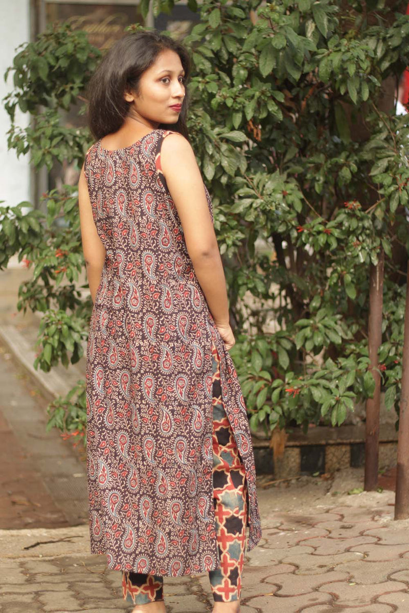 Vanya | Long Sleeveless Kurta | Noir Leaves Ajrakh