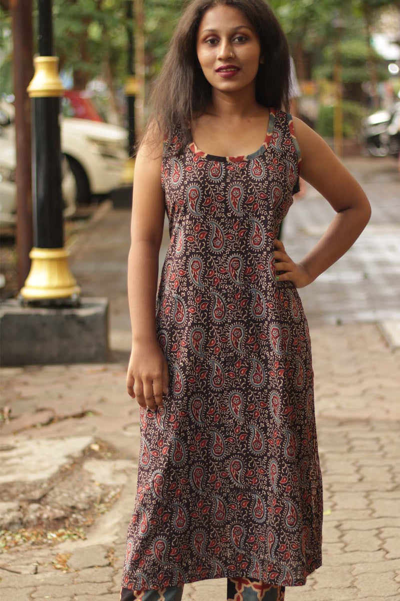 Vanya | Long Sleeveless Kurta | Noir Leaves Ajrakh