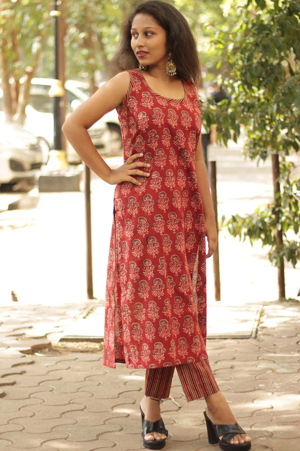 Vanya | Long Sleeveless Kurta | Red Triphuliya Ajrakh