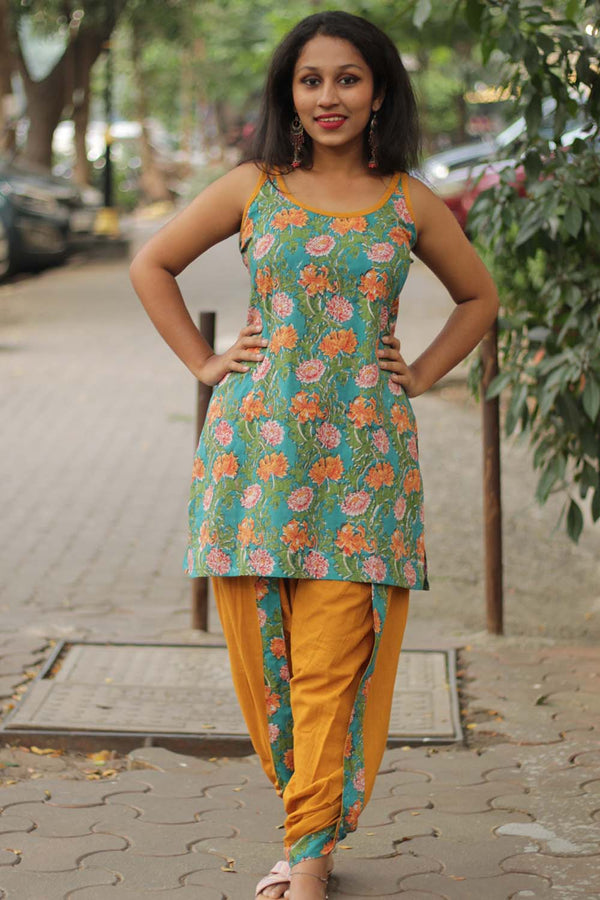 Spaghetti Short Kurta | Teal floral Sanganeri