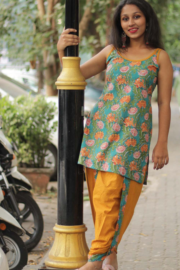 Geet | Dhoti Kurta Co-Ord Set | Teal Floral Sanganeri