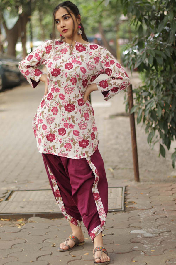 Short Kurta | Burgundy Floral Sanganeri