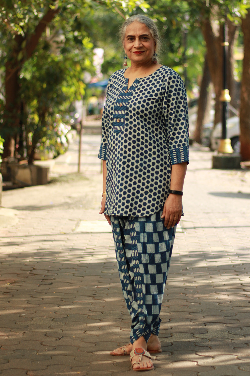Shubhra | Short Kurta | Polka Indigo
