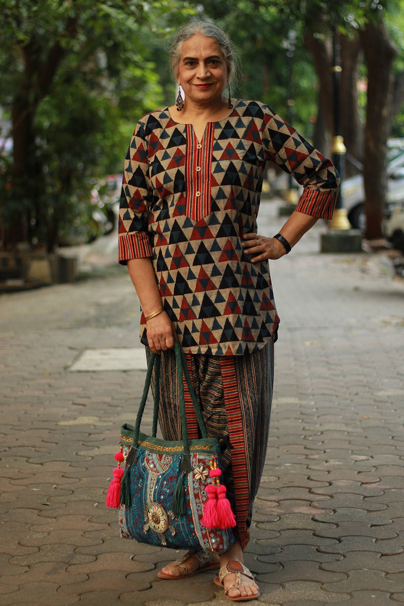 Shubhra | Dhoti Kurta Co-Ord Set | Trikon Ajrakh | Indigo
