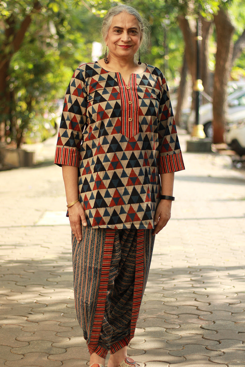 Shubhra | Dhoti Kurta Co-Ord Set | Trikon Ajrakh | Indigo