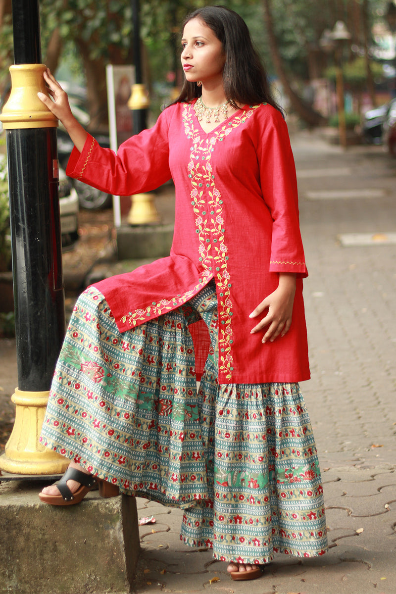Zoya | Sharara Kurta Co-ord Set| Teal & Red Sanganeri