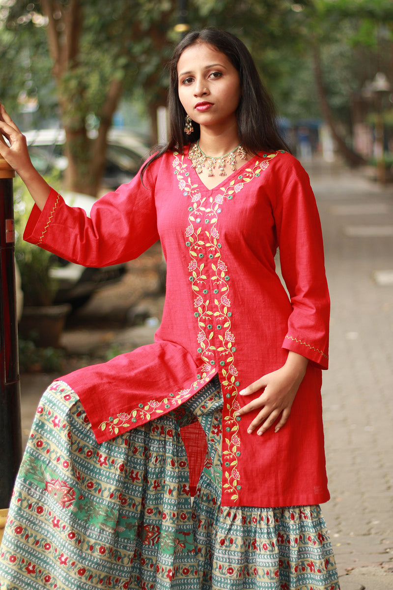 Zoya | Sharara Kurta Co-ord Set| Teal & Red Sanganeri