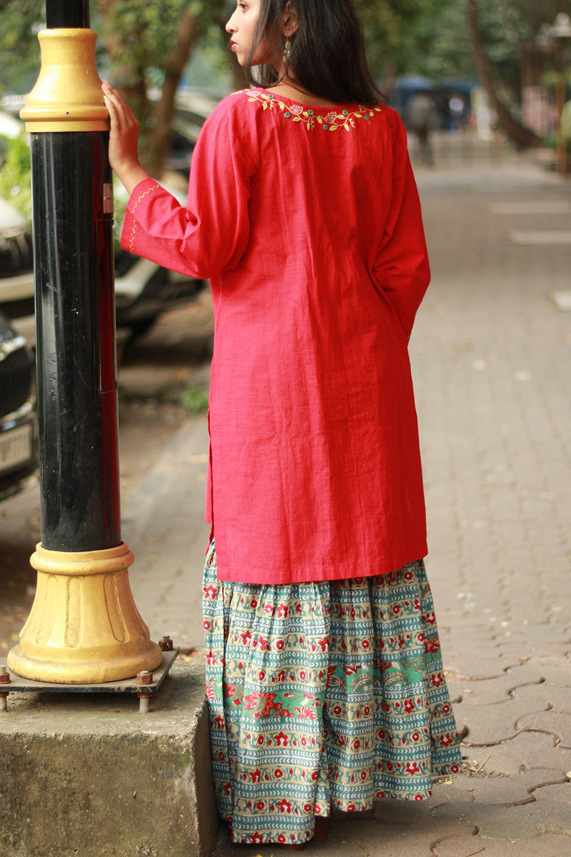 Zoya | Sharara Kurta Co-ord Set| Teal & Red Sanganeri