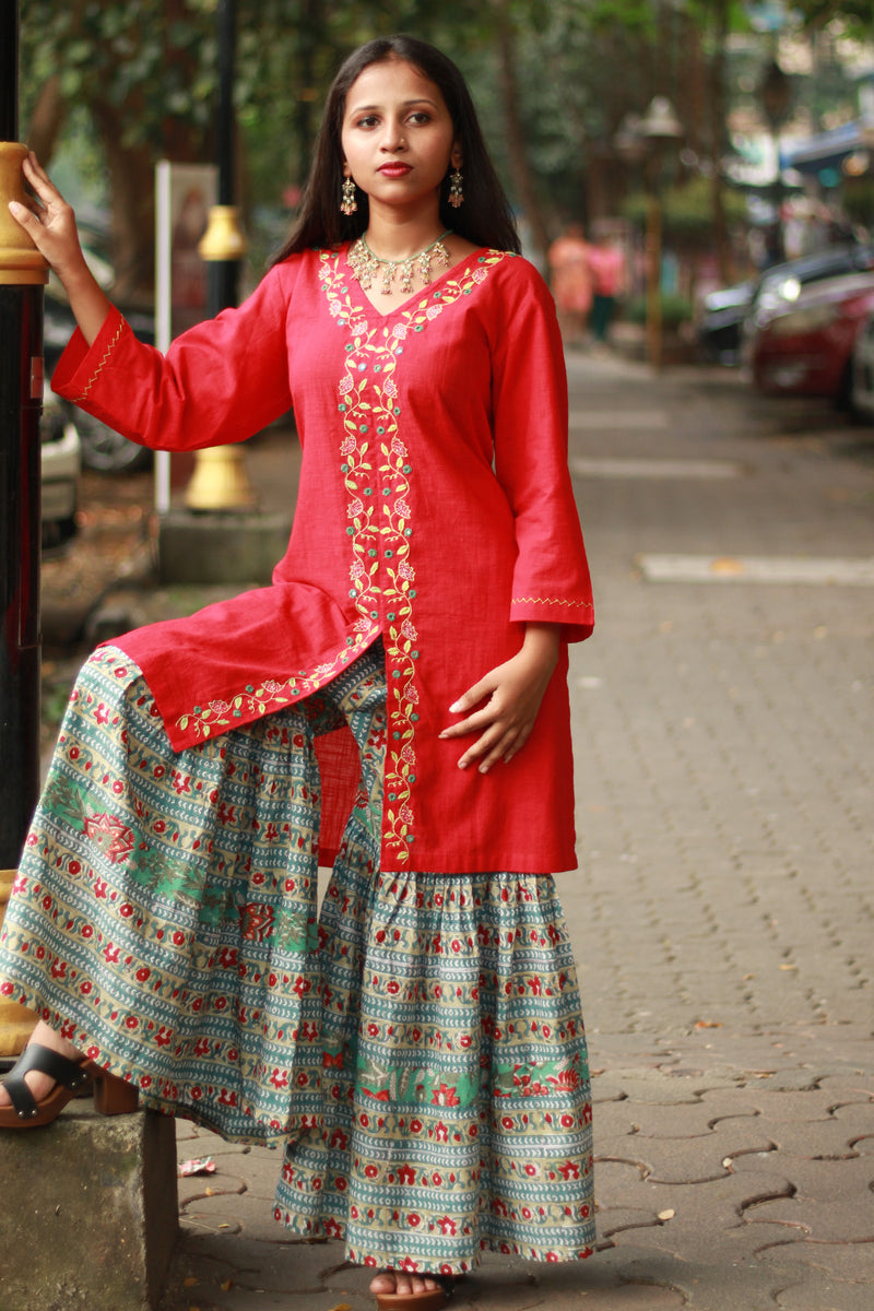 Zoya | Sharara Kurta Co-ord Set| Teal & Red Sanganeri
