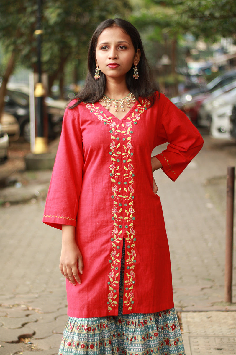 Zoya | Sharara Kurta Co-ord Set| Teal & Red Sanganeri
