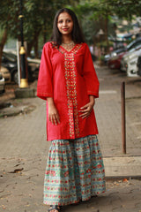 Zoya | Sharara Kurta Co-ord Set| Teal & Red Sanganeri