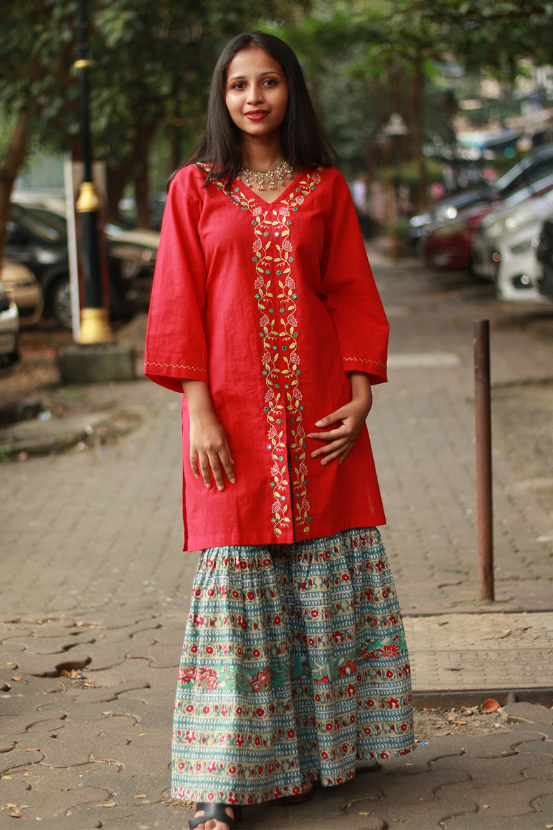 Zoya | Sharara Kurta Co-ord Set| Teal & Red Sanganeri