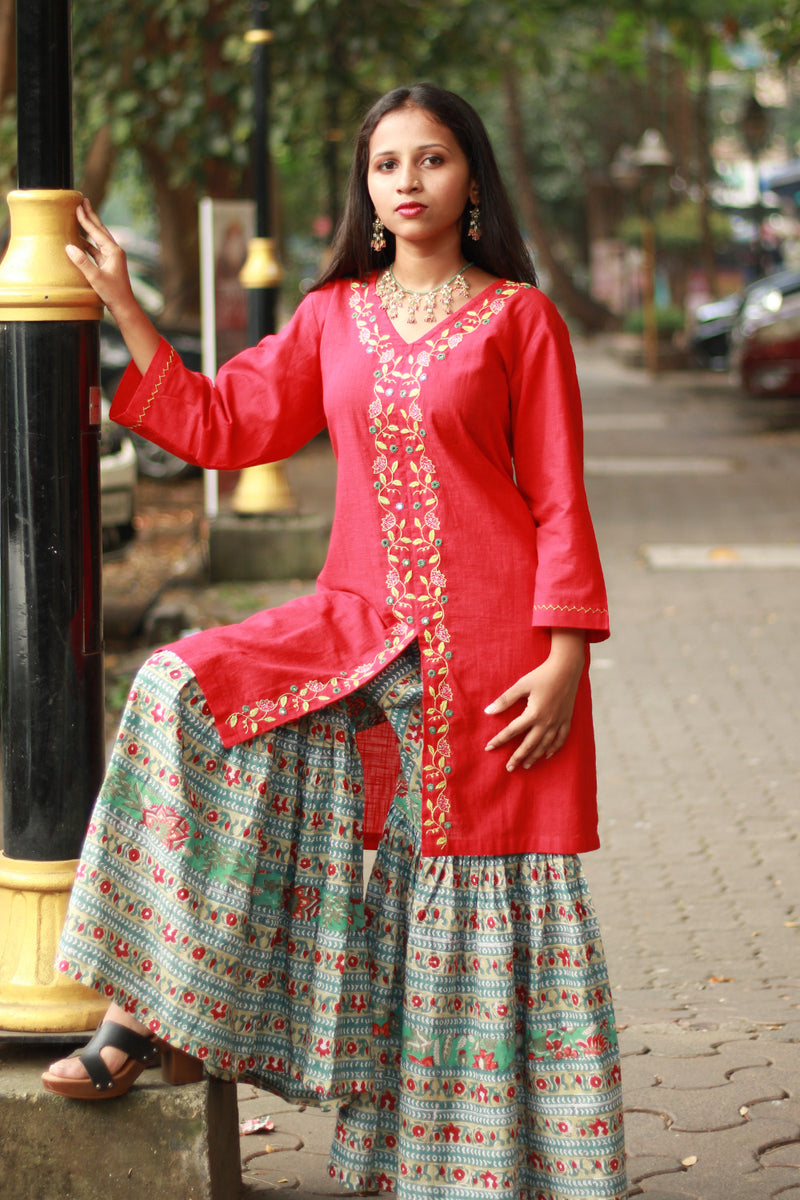 Zoya | Sharara Kurta Co-ord Set| Teal & Red Sanganeri